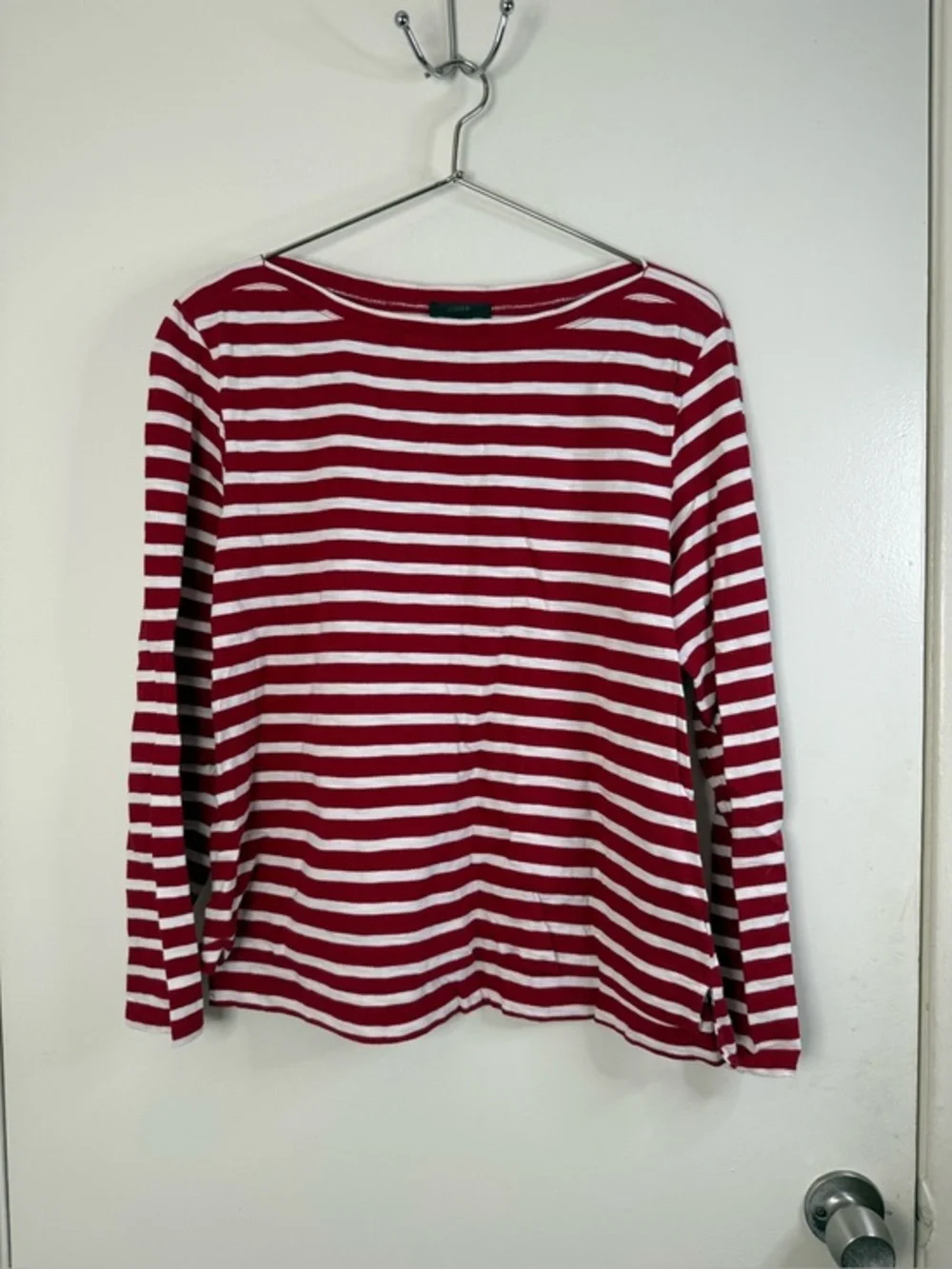 J Crew red and white striped long sleeve boat, neck 100% cotton pop over top XL